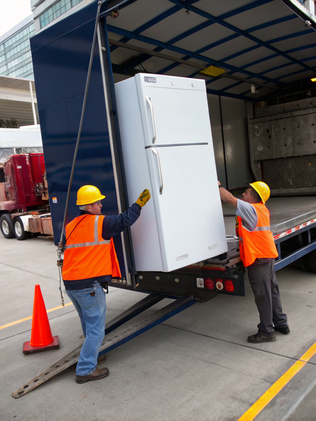 Moving labor team lifting heavy equipment