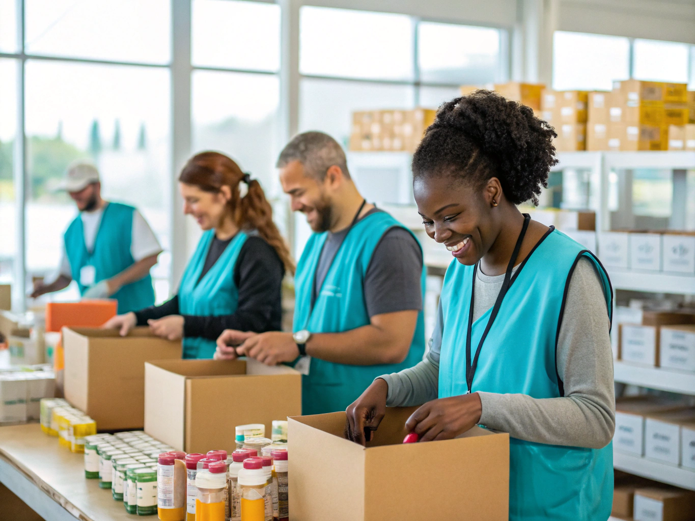 Warehouse team organizing inventory with precision